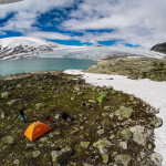 Drone photo: The area near the glacier is great for camping. Tents: green MSR Hubba and orange Mountain Hardwear Direct 2 EV