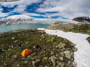 Drone photo: The area near the glacier is great for camping. Tents: green MSR Hubba and orange Mountain Hardwear Direct 2 EV